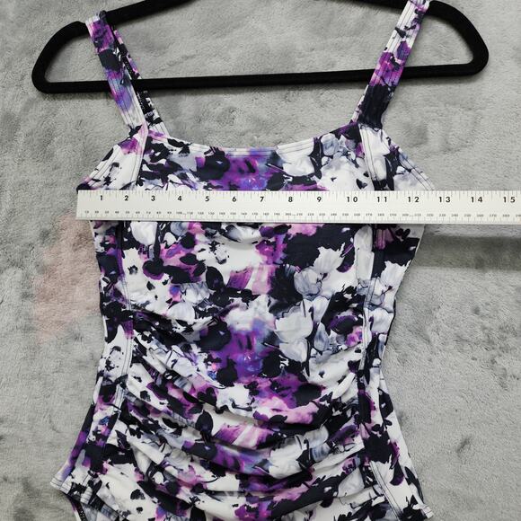 NEW Jusfitsu Swimsuit Size 6 Purple Black Floral Ruched Tummy Control High Cut - Picture 8 of 12